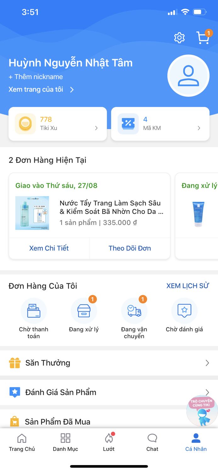 Tôi mua hàng ngày 8/8 lúc đặt còn bảo là đc tặng một srm và một toner size nhỏ, đặt hàng thành công thì đơn lại bị tách ra làm 2 đơn là 1 đơn gift và 1 đơn nước tẩy trang. Bên shop chỉ xác nhận 1 đơn hàng như ảnh dưới đây. Đã giao hàng lâu rồi, tới giờ mới nhận đc, mở hàng ra lại thất vọng hơn, chẳng bị đổ gì đâu nhưng trông sơ sài lắm. Thế thì ngay từ đầu k muốn tặng thì đừng để trên trang bán hàng của mình như v chứ. Lần nào mua đồ của hãng trên *** chưa bao giờ nhận thiếu hàng cả. Và đây cũng là Tiki chính hãng sao lại vậy. Tôi cũng xem đánh giá của các khách khác, họ đều nhận đủ hết cả mà. Đừng đổ lỗi cho tình hình dịch bệnh mà có sai sót thì lại càng thất vọng hơn.