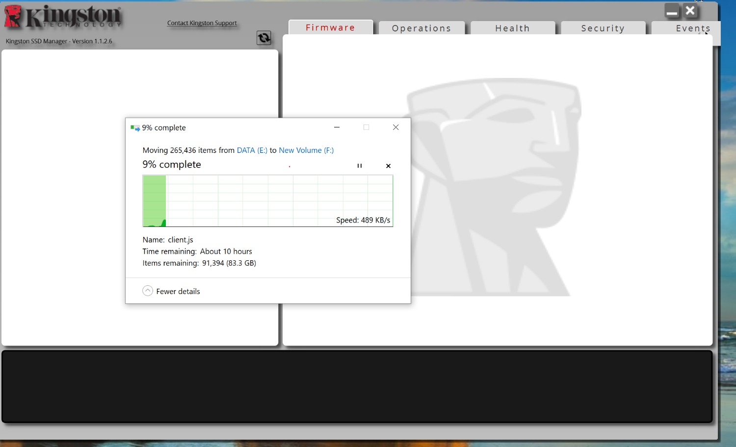 Mình mới mua cái ổ SSD Kingston , dù mắc hơn các nhà bán khác nhưng mình nghỉ tiki trading hàng sẽ chính hãng thật.  nhưng không ngờ như vậy đây.

Dùng phần mềm kiểm tra của Kingston  thì ko thấy được thông số gì.

Thử coppy thì tốc độ vài trăm KB/s (TB : 490KB/s ).
