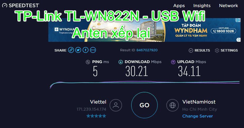 Hôm nay test thử sự KHÁC BIỆT tốc độ mạng nhà mình (Sử dụng công cụ speedtest.net) khi xài mạng dây và khi kết nối bằng USB Wifi TP-Link TL-WN822N. Đây là kết quả chi tiết:
 Mạng dây Viettel:
 Download: 53.81 Mbps, Upload: 53.34 Mbps
 USB Wifi - Anten xếp lại:
 Download: 30.21 Mbps, Upload 34.11 Mbps
 USB Wifi - Anten mở ra:
 Download: 35.30 Mbps, Upload 39.99 Mbps Hôm nay test thử sự KHÁC BIỆT tốc độ mạng nhà mình (Sử dụng công cụ speedtest.net) khi xài mạng dây và khi kết nối bằng USB Wifi TP-Link TL-WN822N. Đây là kết quả chi tiết:
 Mạng dây Viettel:
 Download: 53.81 Mbps, Upload: 53.34 Mbps
 USB Wifi - Anten xếp lại:
 Download: 30.21 Mbps, Upload 34.11 Mbps
 USB Wifi - Anten mở ra:
 Download: 35.30 Mbps, Upload 39.99 Mbps