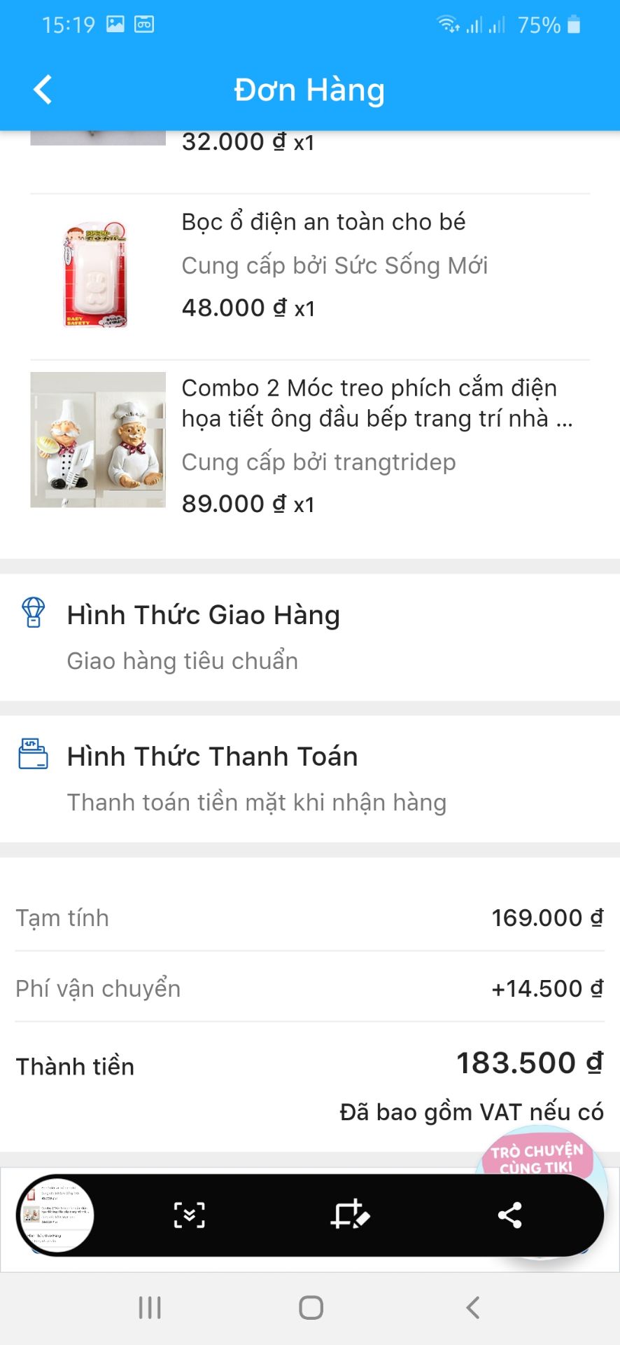 trong đơn hàng có 3 món này đinh 3 chân. ổ bọc điện an toàn cho bé và 2 móc treo phích cắm điện. tổng tiền là 183.500. nhưng khi khui hộp ra chỉ có bọc điện và 2 móc treo phích cắm mà k có đinh 3 chân