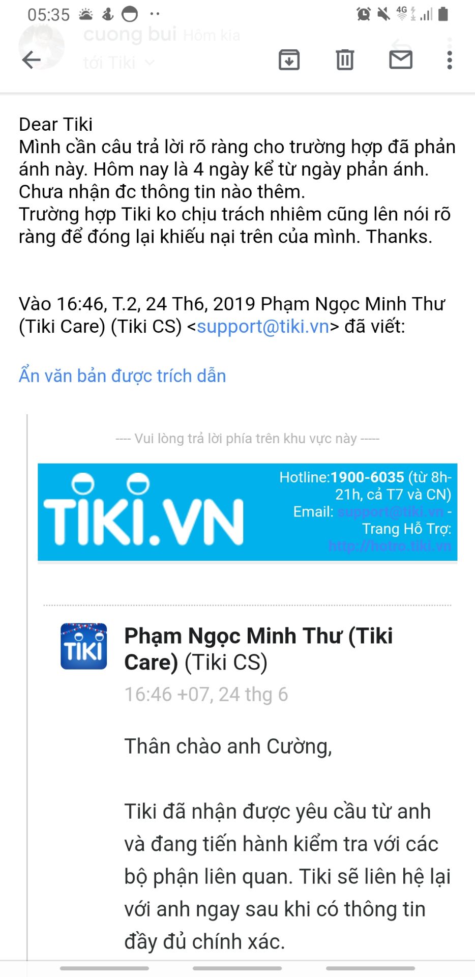 Mình có đặt hàng 2 món như trên hình. Nhưng khi nhận hàng chỉ có 1 món là chậu tắm. Túi trữ sữa ko có. Phản hồi từ 24/06/19 đến nay mà Tiki vẫn chưa kiểm tra xong và có hồi báo lại cho mình.Tiki lên trả lời nhanh chóng để đóng lại khiếu nại đỡ mất thời gian. Cũng chẳng đáng bao nhiêu tiền nhưng mình cần rõ ràng.