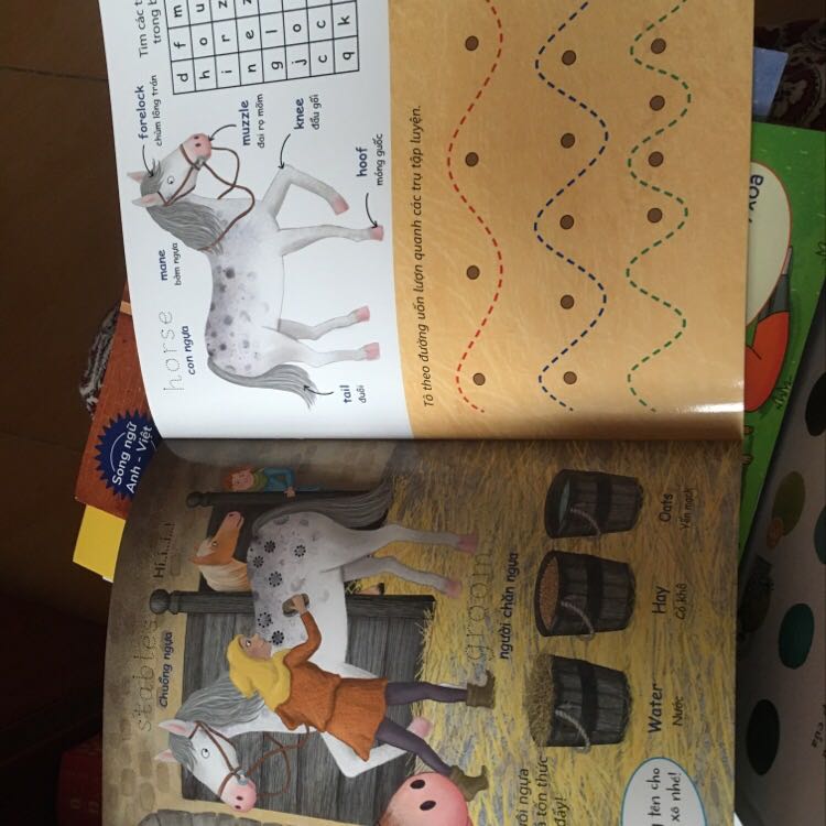 Sách in trên giấy có thể viết bằng bút viết bảng foocmica, tẩy xoá được, tranh dễ thương, song ngữ cháu mình thích lắm