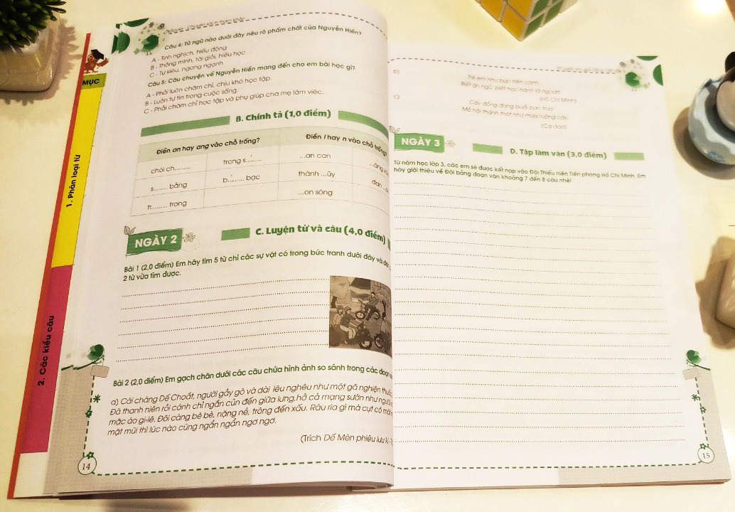 Sách in màu đẹp, thường tiếng việt không biết dạy con học môn Văn như thế nào dùng sách này ổn. Được chia ra các bài học nhỏ và có đáp án cuối sách tham khảo