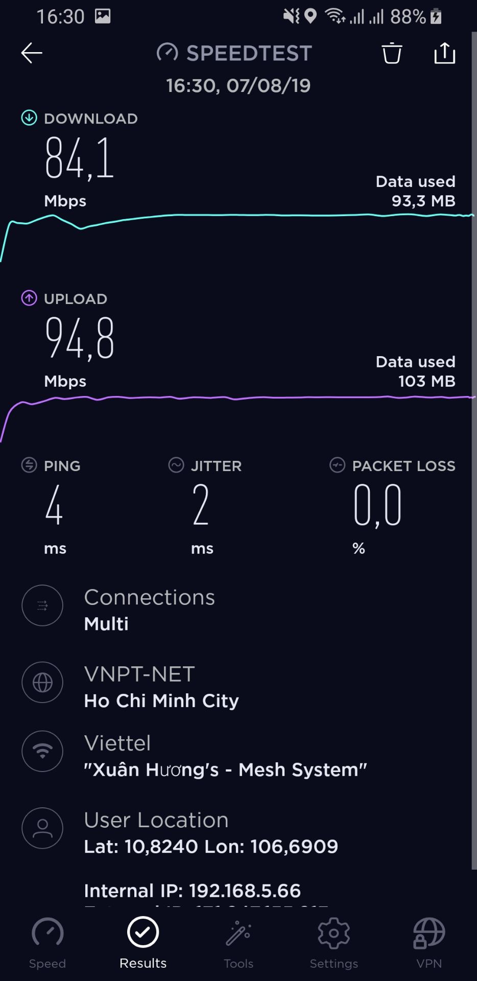 Mua được giá tốt 1tr726k sau khi áp mã và sử dụng tiki xu còn lại trong tk!tính ra chỉ đắt hơn 237k so với hàng xách tay nội địa rẻ nhất trên shopee giá 1tr489k 
Trải nghiệm ban đầu sóng full vạch 2 tầng lầu mọi ngóc ngách!mình để 1 cục ở tầng trệt phòng khách-2 cục ở 2 phòng ngủ đối diện nhau trên tầng 1!
Khi thử speed test thì cho tốc độ ổn định và cao nhất ở phòng ngủ của mình(node chính-84mbs) gắn mới moderm nhà mạng của viettel mình tắt wifi của cục viettel chuyển thành converter và set tenda là wifi chính!
2 node phụ 
1 node dưới phòng khách mình có đi dây lan sẵn tốc độ sụt xuống còn 55mbs
1 node mình để phòng ngủ đối diện phòng mình cách 10m không có dây lan chỉ cắm dây nguồn thì tốc độ còn khoảng 35-45mbs lâu lâu lên được 51mbs là hết cỡ
Tóm lại cũng ổn cho 1 hệ thống wifi mesh giá rẻ!lần đầu nên cho tiki 5 sao ủng hộ vì giá tốt tuy giao hàng còn hơi lâu!nhưng vẫn nhanh hơn so với lzd và shopee!