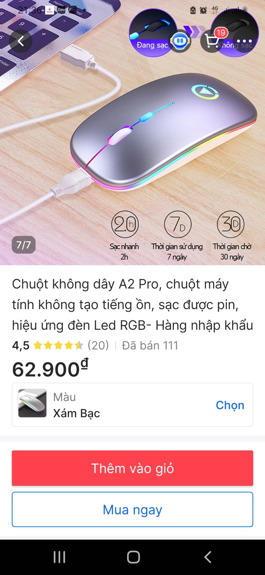 Mới sử dụng được 2 ngày. Hiện giờ chuột dùng khá ổn. Về ngoại hình: Mẫu mã, kiểu dáng. màu săc, đèn led, thiết kế đúng quảng cáo (đẹp như hình). Về chất lượng: OK = "Ola Kala" (mọi thứ đều ổn). Tuy nhiên do chuột mới khui, chưa hết điện nên câng dùng vài ngày cho hết điện đã ĐỂ CẮM XẠC THỬ, khi đó mới đánh giá hoàn toàn 100% được. Nếu xạc cũng vào điện tốt => Nghĩa là chuột đáng 5 sao, mọi người yên tâm mua dùng nhé, và hón hỉ với mức giá mềm mại này (tôi mua 62k + phí giao hàng 15k). Sẽ đánh giá lại lần 2 sau khi xạc chuột, sẽ phong 5 sao.