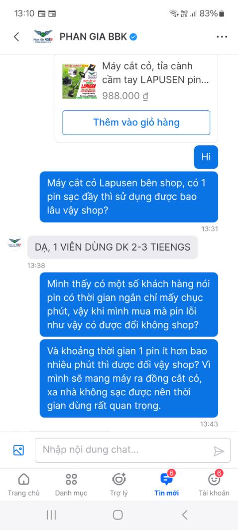 - Shop làm ăn thiếu đạo đức. Hỏi trước là thời gian 1 pin sạc đầy là bao lâu thì báo 2 - 3 tiếng, thực tế 30p. 
- Nhắn tin đề nghị đổi Pin thì đọc xong không trả lời. 
- Làm ăn kiểu này thì đừng bán trên Tiki nha shop, tôi mua ở đây vì tin tưởng Tiki, còn nơi khác giá rẻ hơn và khách hàng báo dùng 2h/ lần sạc nha. Cũng đừng ngụy biện là Pin lỗi nha, vì đã có khách hàng khác phản ánh, cả 2 Pin kèm theo máy đều chỉ 30p, nên không chấp nhận chuyện lỗi ở đây, là cố tình làm ăn không trung thực.