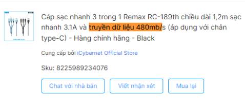 Cáp không truyền được dữ liệu nhé mọi người, làm mua 2 cái liền.
