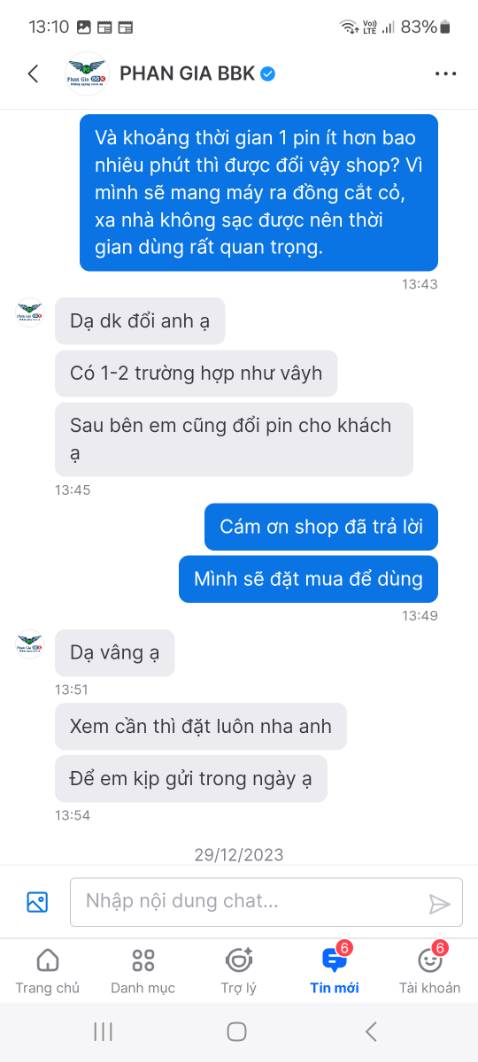 - Shop làm ăn thiếu đạo đức. Hỏi trước là thời gian 1 pin sạc đầy là bao lâu thì báo 2 - 3 tiếng, thực tế 30p. 
- Nhắn tin đề nghị đổi Pin thì đọc xong không trả lời. 
- Làm ăn kiểu này thì đừng bán trên Tiki nha shop, tôi mua ở đây vì tin tưởng Tiki, còn nơi khác giá rẻ hơn và khách hàng báo dùng 2h/ lần sạc nha. Cũng đừng ngụy biện là Pin lỗi nha, vì đã có khách hàng khác phản ánh, cả 2 Pin kèm theo máy đều chỉ 30p, nên không chấp nhận chuyện lỗi ở đây, là cố tình làm ăn không trung thực.