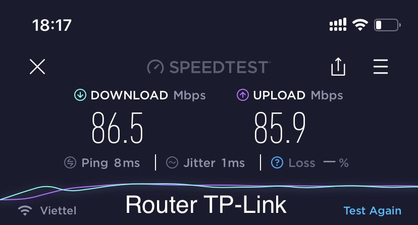 Sản phẩm thật sự rất rất tốt! Đây là quá trình mình *** được khi sử dụng modem nhà mạng và router ở khoảng cách 5m, xuyên 2 lớp tường. Thật sự rất đáng tiền! Mình dùng gói Fast15 của Viettel tốc độ 40Mbps mà *** được gấp đôi băng thông ở sóng 5Ghz. Quá tuyệt! Sản phẩm thật sự rất rất tốt! Đây là quá trình mình *** được khi sử dụng modem nhà mạng và router ở khoảng cách 5m, xuyên 2 lớp tường. Thật sự rất đáng tiền! Mình dùng gói Fast15 của Viettel tốc độ 40Mbps mà *** được gấp đôi băng thông ở sóng 5Ghz. Quá tuyệt!