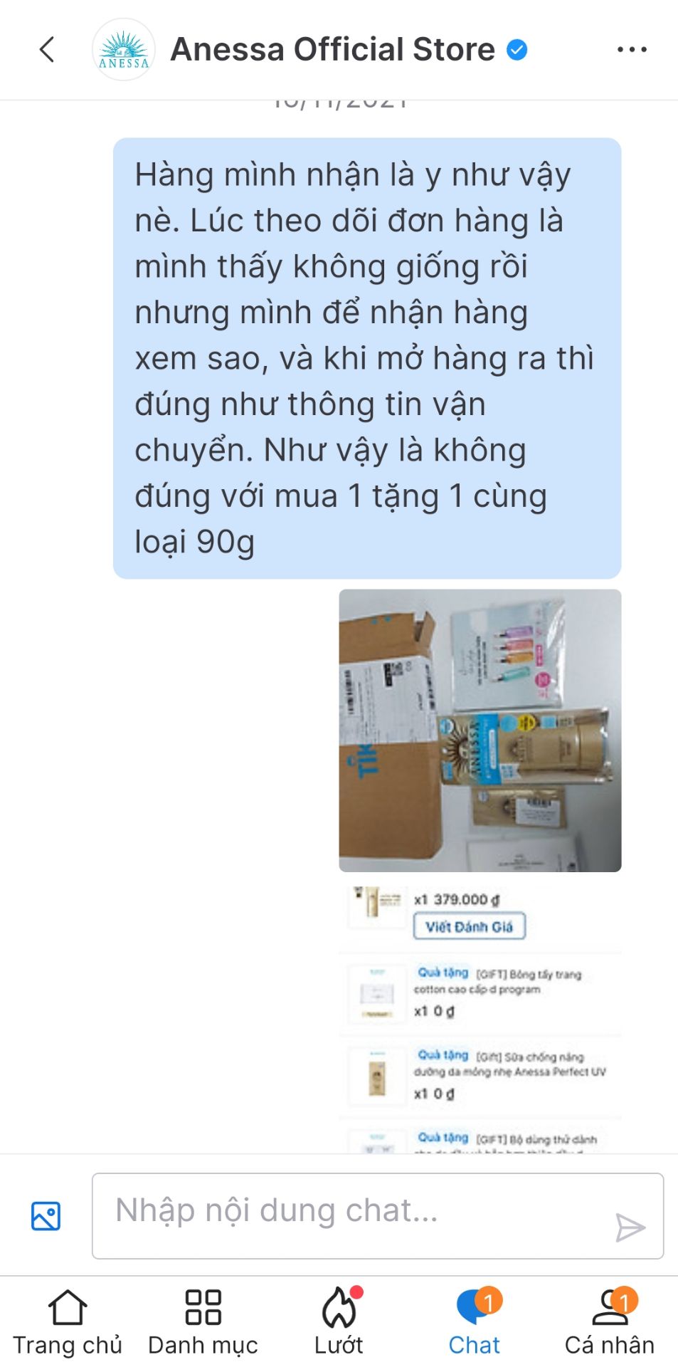 Là thương hiệu lớn mình tin dùng 3 nằm nay, mình mua hàng từ nhiều nhà bán khác nhau và lần này mua chính thức từ nhà Anassa Official và bị gạt. Nhà bán đưa chương trình khuyến mãi trong thời gian từ 11-15/11 mua 1 tặng 1 cùng loại, trước khi đặt hàng mình nhắn tin để xác nhận về chương trình và lúc 9h20 ngày 11 mình mua hàng, cuối cùng giao hàng chỉ 1 và cho rằng lúc mình mua đã hết chương trình, nhưng sự thật là sau khi mình đặt mua thì ngày 12 nhà bán vẫn còn show chương trình mua 1 tặng 1 cùng loại và trọng lượng. Lần đầu tiên mình mua hàng mà thất vọng về nhà bán. Mình post để các bạn mua hàng biết và rút kinh nghiệm: khui hàng nếu không đúng thì trả ngay không ngần ngại (mình thương shipper nên mình nhận hàng và nghĩ nhà bán trao nhầm thì mình trao đổi với nhà bán sẽ được giải quyết nhưng không ngờ nhà bán cứ quanh co đủ các kiểu và mình cầm lưỡi dao rồi nên mình thua)