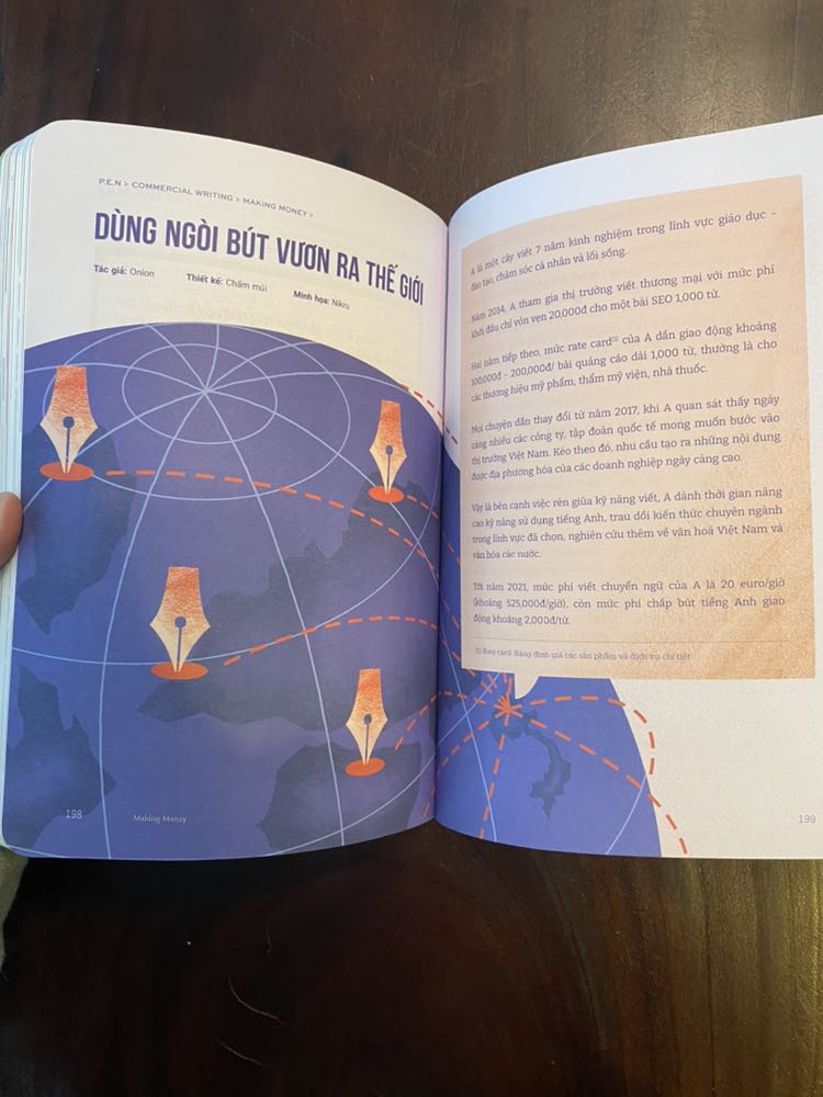 Sách về tương đối sớm, có thời gian nghiền ngẫm toàn bộ nội dung nên cũng có đôi ba nhận xét.

Về cơ bản thì nội dung sách không có quá nhiều điểm nổi bật lắm, cũng vì số lượng sách content trên thị trường quá nhiều rồi, khó kiếm chủ đề nào thật sự unique để chia sẻ.

Ấn tượng lớn nhất chắc nằm ở bài “Dùng ngòi bút vươn ra thế giới” - khá là hay và bổ ích. Vẫn viết từng đó chữ nhưng hiển nhiên thù lao do client nước ngoài trả sẽ hậu hĩnh hơn nhiều rồi. Trình độ ngôn ngữ thì cũng không thiếu người thành thục, do đó nên đọc bài này để tìm hiểu thêm về văn hóa, hành vi khách hàng nước ngoài, từ đó có chiến lược viết content quốc tế thành công.