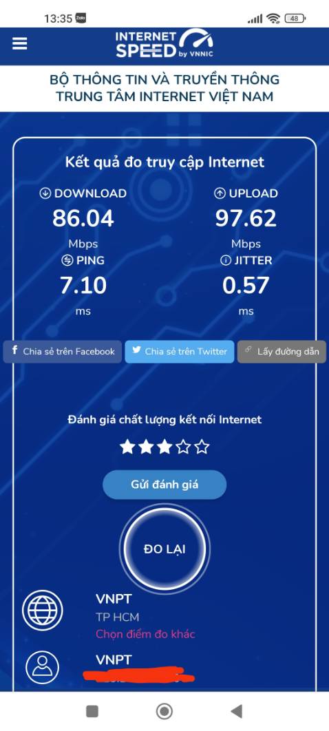 Wifi bắt khá ổn, xuyên 1 tường vẫn được -56dbm. Không hiểu sao ngồi sát cục wifi mà speedtest chỉ loanh quanh 86, 87..cổng wan 100Mbps mà chạy không hết được công suất, trong khi mạng mình gắn vào cổng GE là 350Mbps. Chắc do dây kết nối quá. Wifi bắt khá ổn, xuyên 1 tường vẫn được -56dbm. Không hiểu sao ngồi sát cục wifi mà speedtest chỉ loanh quanh 86, 87..cổng wan 100Mbps mà chạy không hết được công suất, trong khi mạng mình gắn vào cổng GE là 350Mbps. Chắc do dây kết nối quá.