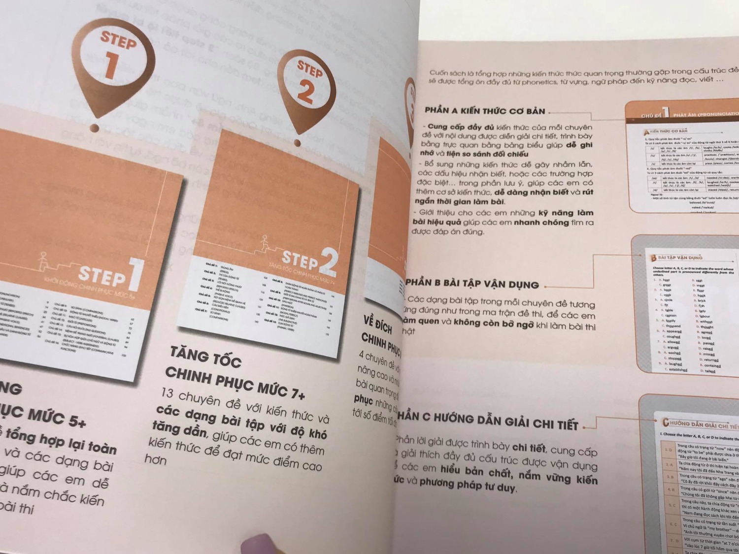 Mình mua 3step Anh và nhận được sach thì bất ngờ vì sách khá to . Điều quan trọng là sách chia ra các chuyên đề, theo lộ trình có giải chi tiết nên cực phù hợp với đứa mất gốc muốn học ôn thi như mình. May mà mình biết đến sách sớm. Mình sẽ cố gắng dồn tiền để mua 3 step toán văn!