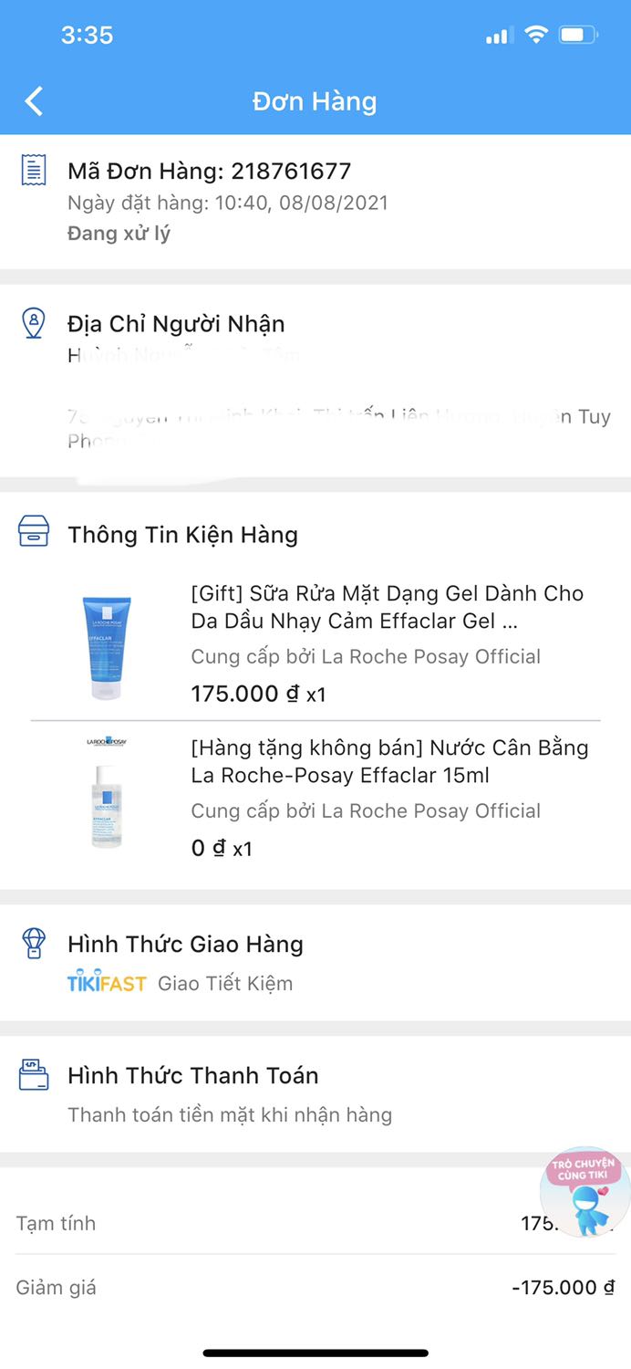 Tôi mua hàng ngày 8/8 lúc đặt còn bảo là đc tặng một srm và một toner size nhỏ, đặt hàng thành công thì đơn lại bị tách ra làm 2 đơn là 1 đơn gift và 1 đơn nước tẩy trang. Bên shop chỉ xác nhận 1 đơn hàng như ảnh dưới đây. Đã giao hàng lâu rồi, tới giờ mới nhận đc, mở hàng ra lại thất vọng hơn, chẳng bị đổ gì đâu nhưng trông sơ sài lắm. Thế thì ngay từ đầu k muốn tặng thì đừng để trên trang bán hàng của mình như v chứ. Lần nào mua đồ của hãng trên *** chưa bao giờ nhận thiếu hàng cả. Và đây cũng là Tiki chính hãng sao lại vậy. Tôi cũng xem đánh giá của các khách khác, họ đều nhận đủ hết cả mà. Đừng đổ lỗi cho tình hình dịch bệnh mà có sai sót thì lại càng thất vọng hơn.