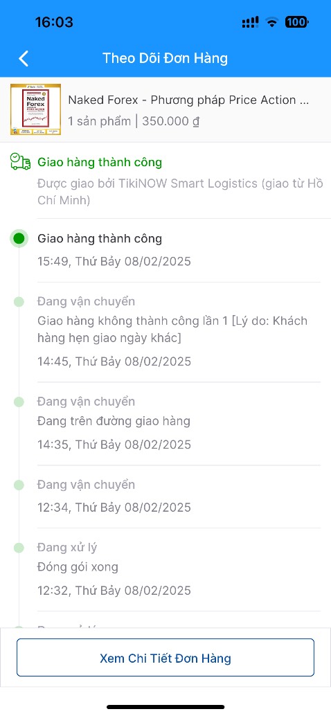 - Sách đẹp, giấy tốt và mới
- Dịch vụ kém: Giao Now 2h trước 15h shipper tự ý note giao hàng không thành công và lui lại đến 16h