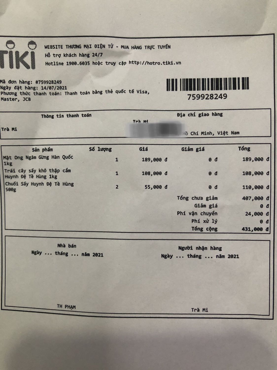 Shop ơi, giao thiếu hàng rồi!! Mình mua 2 bịch chuối sấy 500gr mà giao có 1 bịch thôi.
Hàng đóng gói cẩn thận. Vẫn đánh giá shop 5*