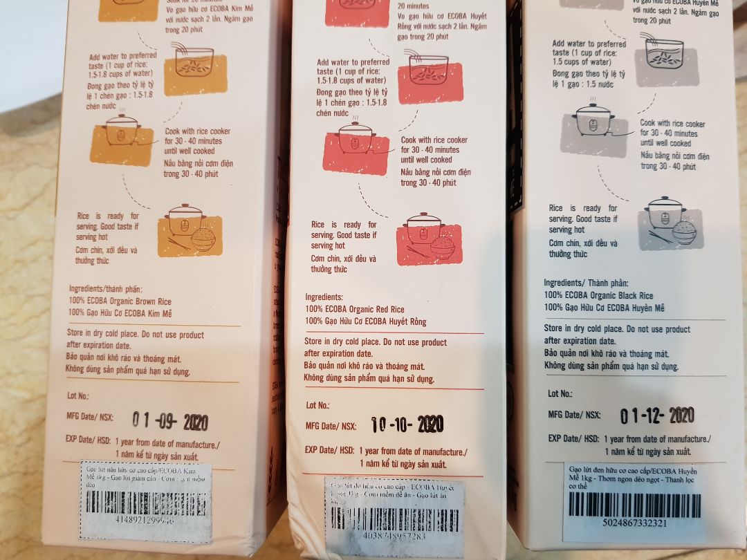 Tôi mua 3 sản phẩm gạo Ecoba là: gạo nâu, gạo đỏ và gạo đen. Ngày mua hàng: 13/04/2021. Bên bán giao gạo cũ, ngày sản xuất từ cách đây 7, 8 tháng trong khi hạn sử dụng tính từ ngày sản xuất có 1 năm. Chụp từ bên ngoài đã thấy trong hộp gạo nâu, hạt gạo chuyển dần sang màu xanh, đen và bắt đầu mủn dần. Nếu cố mở ra ăn, tôi rất quan ngại về vấn đề sức khỏe. Rất không hài lòng!