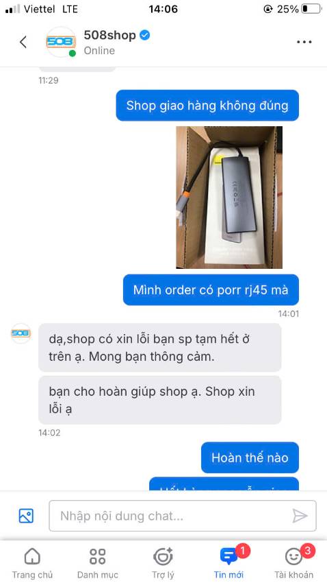 Shop giao hàng không đúng sản phẩm mua