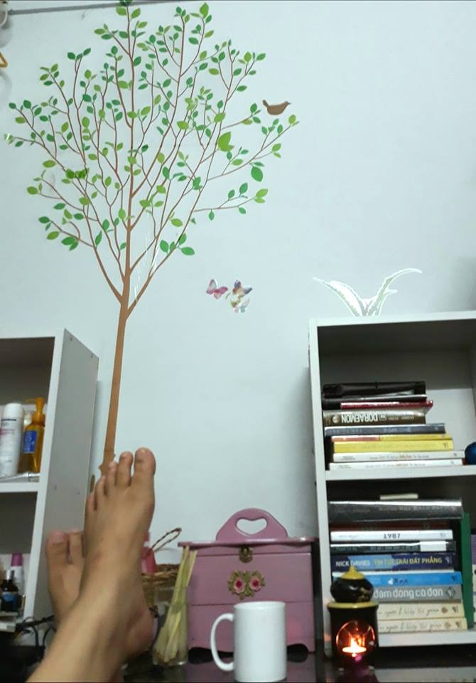 Decal màu sắc đẹp và dán rất dễ, nếu nhỡ dán hỏng còn có thể bóc ra và dán lại mấy lần.
Phù hợp với những góc tường thấp (cao tối đa 2m). Tường nhà mình cao 3m nên dán vào bị cắt hở một mảng, nhìn khá hẫng. Nếu bạn có màu/ giấy vẽ - dán thêm vào thành một tán (như mình đã làm ở trong hình) thì cũng ổn.
Mình có mua thêm một vài tấm decal cây khung hình ảnh & cây xương rồng để dánh thêm. Nhìn phòng khá mát.