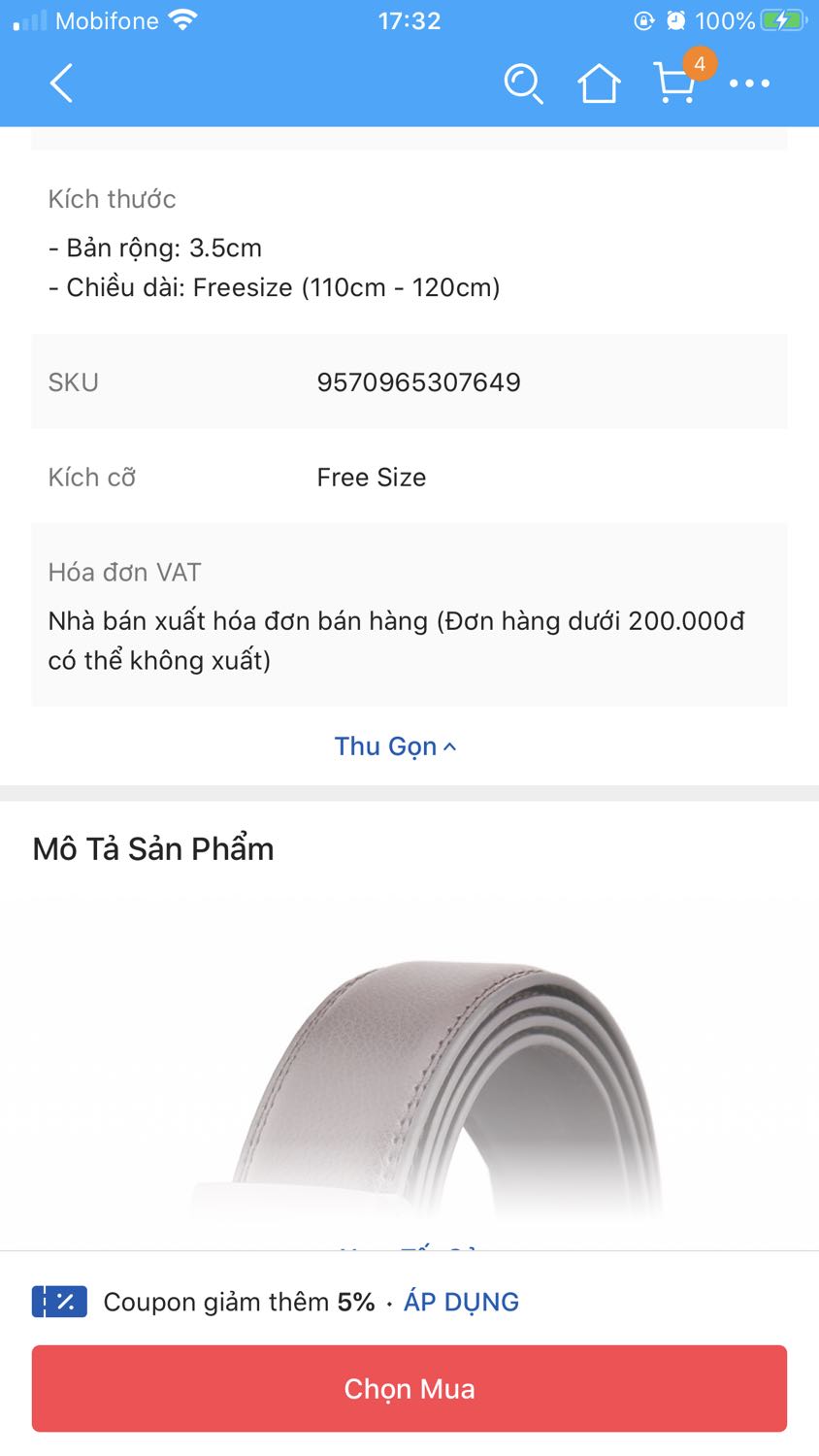 Mặc dù sản phẩm để freesize nhưng bố tôi vòng eo 100cm mang vẫn rộng, phần răng cưa để giữ chốt gài trên thắt lưng chắc phải cho người có bụng siêu lớn mới mang vừa hả?? Hay shop gửi nhầm size cho tôi? Giờ kéo thắt lưng không vừa phần răng cưa nên chốt nó đâu có giữ được, tuột lên tuột xuống sao dùng đây? Email cho bên hỗ trợ của Tiki không thấy ai trả lời. Không biết shop có size khác hay hỗ trợ đổi trả gì không? Chứ thắt lưng kiểu này không dùng được rồi.