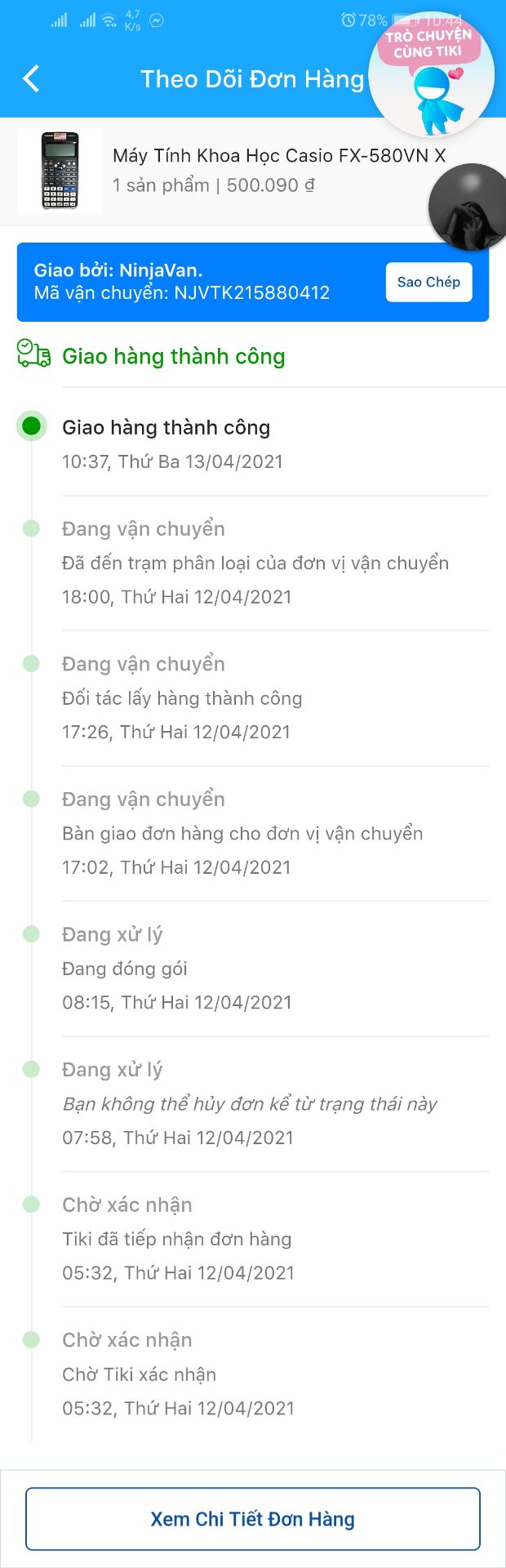 Chỉ tiếc là không mua được giá thấp nhất vì không kịp bấm mua nên mua với giá 500k cũng khá hời so với ở ngoài hiện giờ ở ngoài họ bán cũng trên dưới 600k giá trên tiki quá hợp lí. Vẫn kích hoạt đựoc bảo hành 7 năm trên app.
Tiki giao hàng nhanh thật mình mới đặt lúc sáng hôm qua nhưng trưa nay đã có hàng. Tiki giao hàng nhanh thực sự. TIKI SỐ MỘT.