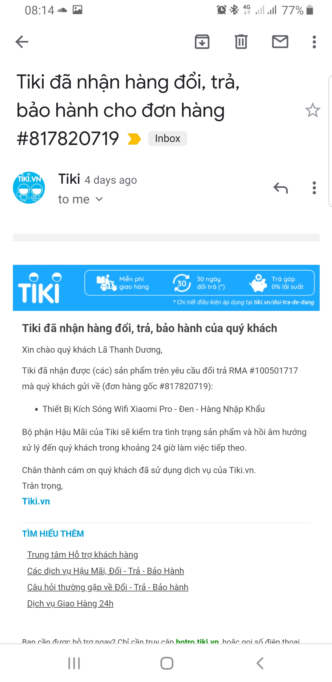 Thứ nhất,sản phẩm không dùng được.Thứ hai,đội mà Tiki gọi là đội kĩ thuật không hỗ trợ được bất cứ thứ gì ngoài tốn của bạn 1 ngày và gửi cho 1 cái link Youtube bất cứ ai cũng tìm được.Thứ 3,phản hồi quá lâu.Mình mua hàng từ 05 tháng 2 và sau 21 ngày vẫn chưa xong.Trong email ghi là 24 giờ làm việc thì không rõ 24 giờ của Tiki bằng 4 ngày à? Tốt nhất đừng mua cục nhựa này ở Tiki,ra ngoài mà mua họ còn chịu trách nhiệm cho.Mua bực vào người.Gọi lại cho mình nhé mình không đi lạy lục các bạn nữa đâu