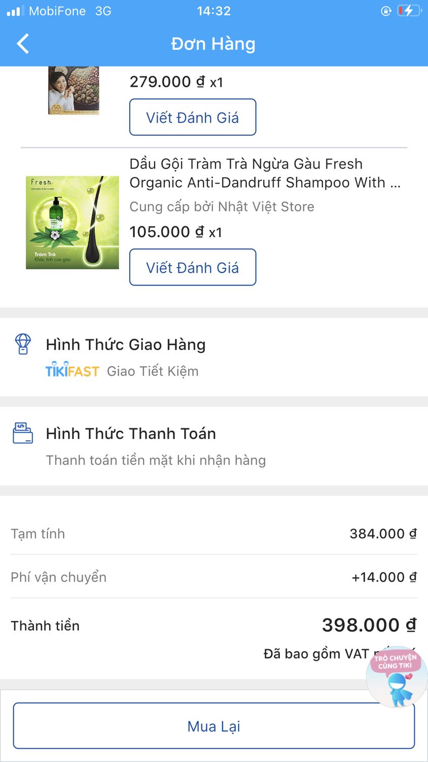 Mình đặt đơn gồm bột đậu 279k + Dầu gội 105k + ship 14k = 398k, đã thanh toán và nhận hàng, khi mở ra chỉ có dầu gội, không có bột đậu. Đề nghị shop kiểm tra bổ sung hàng. Mình đã thanh toán 398k !

Cảm ơn !