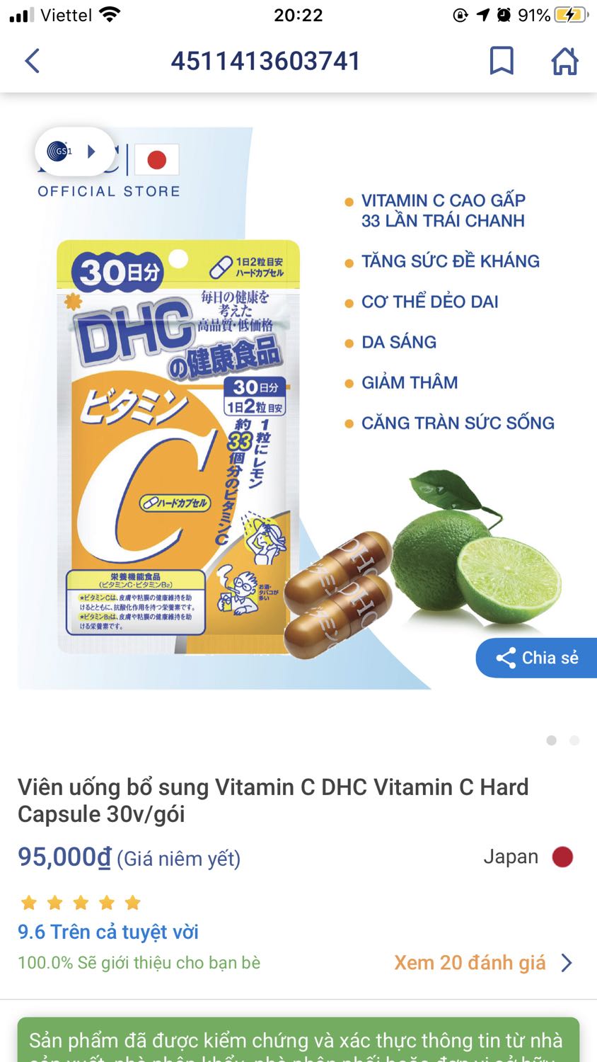 Đóng gói kỹ lưỡng, tuy giao hàng hơi chậm vì HN gửi vô SG. Hàng chính hãng, check mã vạch ra xuất xứ, có tem chống hàng giả, có tem phụ tiếng Việt. TPCN nên có nguồn gốc hẳn hoi vẫn an tâm sử dụng hơn. Đợt sau mình lại ủng hộ tiếp & biết tên cửa hàng nên khi mua sản phẩm. Mấy anh chuỵ em ngựa ngựa vô tìm comment về sản phẩm thì mua đi nghe. Sản phẩm tốt & chất lượng dù chưa thấy trắng lên vì mới sử dụng, ít nhất cũng từ 1 tháng trở lên mới thấy hiệu quả.