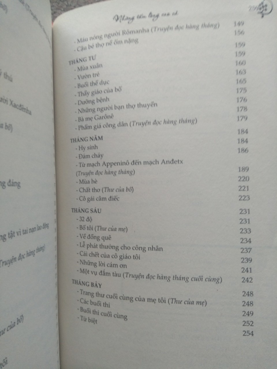 1. Hình thức: sách khổ lớn nhưng chất liệu giấy nhẹ, mình cầm không thấy mỏi tay.
2. Bìa cứng, đẹp.
3. Nội dung: Sách bắt đầu từ tháng 10 - tháng nhập học cúa HS, 1 cậu bé người Ý, từng tháng, từng tháng cho đến tháng 7 nghỉ hè.
Mỗi câu chuyện là trải nghiệm của cậu bé về cuộc sống hằng ngày.