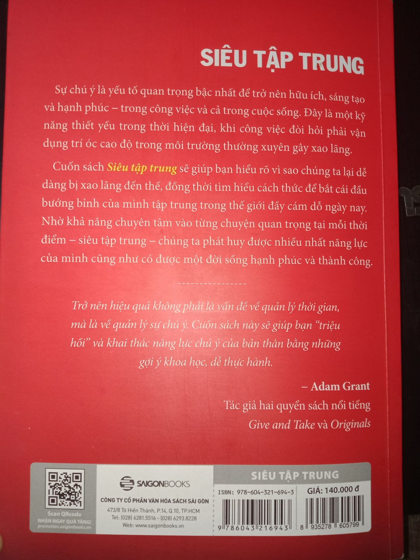 Giáo hàng nhanh, chất lượng tốt
Chris Bailey đưa ra những nghiên cứu về các phương pháp luyện tập siêu tập trung nên khi đọc có thể hơi khó hiểu. Nhưng tác giả cũng đưa   ra những kinh nghiệm bản thân đã áp dụng để siêu tập trung và làm việc hiệu quả làm tăng tín  thực tế và ứng dụng. Đây là cuốn sách khoa học, kỹ năng sống rất cần thiết cho tất cả mọi người trong thời đại ngày nay. Làm việc chăm chỉ chưa chắc bằng làm việc hiệu quả, thông minh và một trong những kĩ năng quan trọng để làm việc hiệu quả chính là sự tập trung