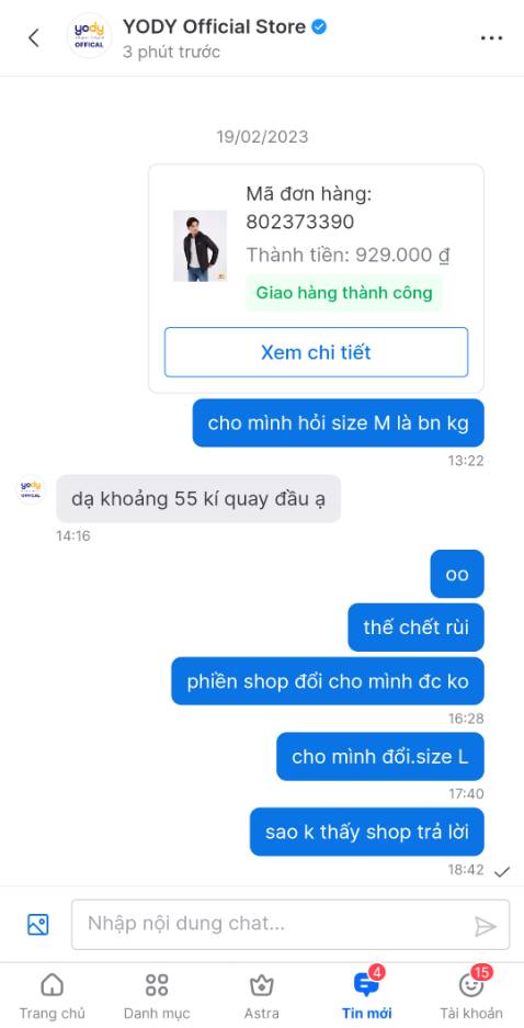 theo bảng kích thước của shop. tôi đặt 2 chiếc áo. vậy mà khi nhận tôi thấy bé quá. tôi hỏi shop lại trả lời size M là cho người 55kg quay đầu. 2 cái áo triệu bạc chứ ít gì. mà giờ tôi hỏi đổi cho tôi shop k thèm trả lời. làm ăn để sống hay chết