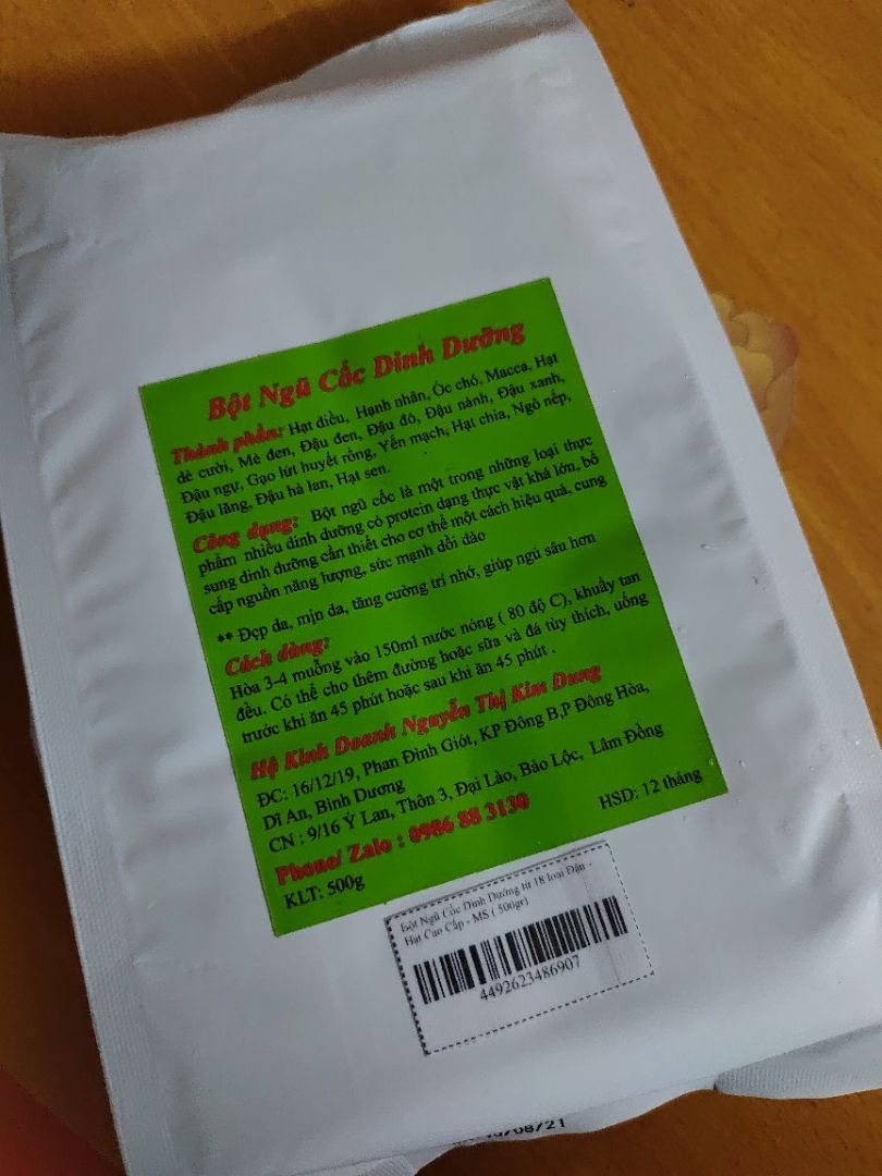 Sản phẩm đóng gói chắc chắn, cẩn thẩn, đúng khối lượng đã ghi. Bột có mùi thơm nhẹ và không có dấu hiệu ẩm mốc. Cảm nhận cá nhân thấy vị hơi khó uống do thấy rõ vị ngô nếp.