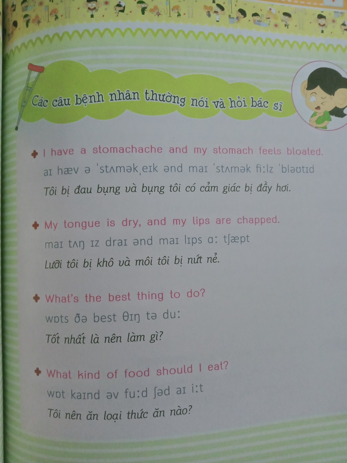 Sách có giới thiệu về các triệu chứng của bệnh cho dễ hiểu. Hình ảnh minh họa bắt mắt. có mã QR để nghe mp3 online. Nhưng mục lục không đánh số thứ tự của tiêu đề nên hơi khó khăn khi tìm file nghe của các đoạn hội thoại.