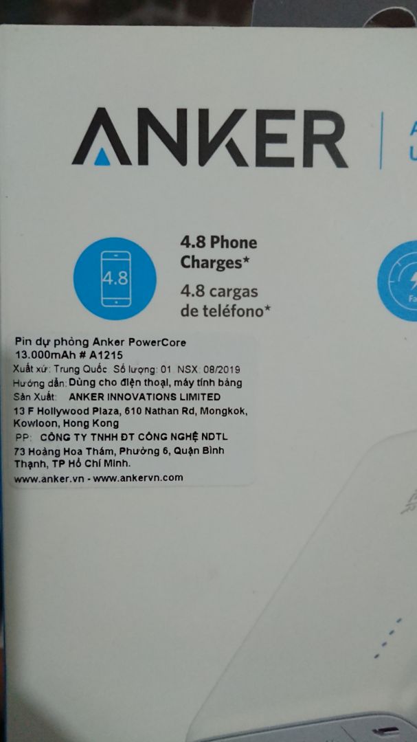 Sạc dự phòng mình mua hôm 02/11 ,giá 480k. sản phẩm cung cấp bởi tiki thì mình khá an tâm nguồn gốc và bảo hành rồi nè. Hàng chính hãng anker sảm xuất t8/2019, mua về sạc 3,5h là đầy 4 vạch. mà cổng vào là micro nên hơi bất tiện cho mình vì mình toàn dùng type c. săn dc sale nên thích nhưng giờ ít thích hơn, không biết làm gì với nó vì đã có sạc dự phòng r.