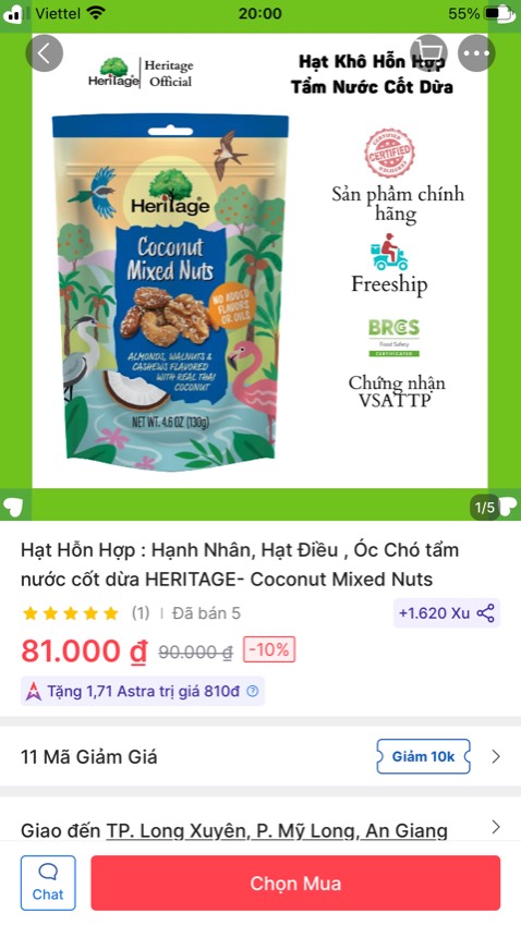 Không bị mốc, mọt. Hạt khô, giòn, bùi, béo vì có dừa. Hạn sử dụng rõ ràng, có tem tiếng Việt. Giao hàng nhanh, thân thiện, nhiệt tình