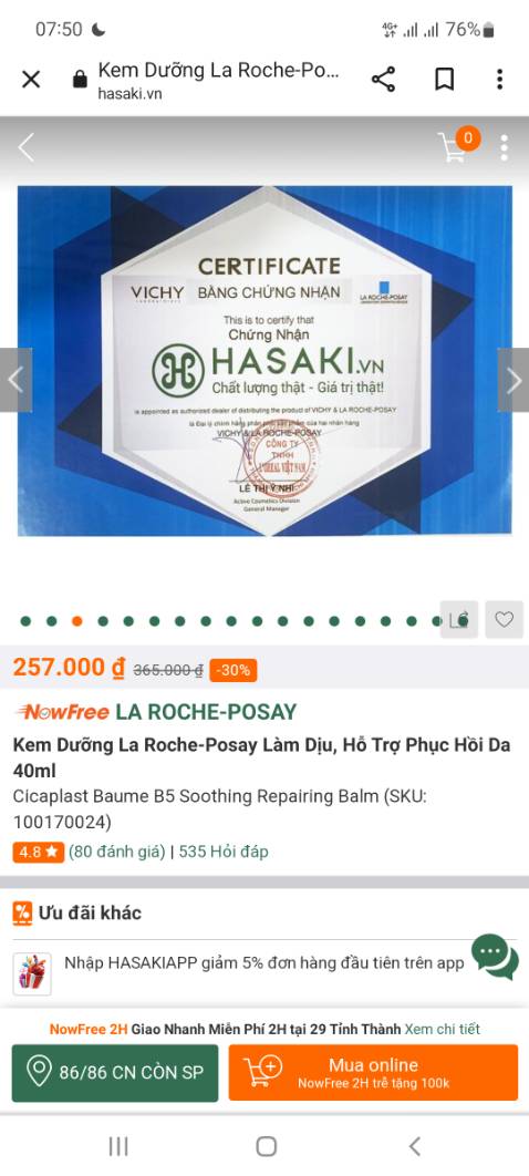 LA ROCHE-POSAY
Kem Dưỡng La Roche-Posay Làm Dịu, Hỗ Trợ Phục Hồi Da 40ml
Cicaplast Baume B5 Soothing Repairing Balm (SKU: 100170024)
4.8  (80 đánh giá) | 535 Hỏi đáp