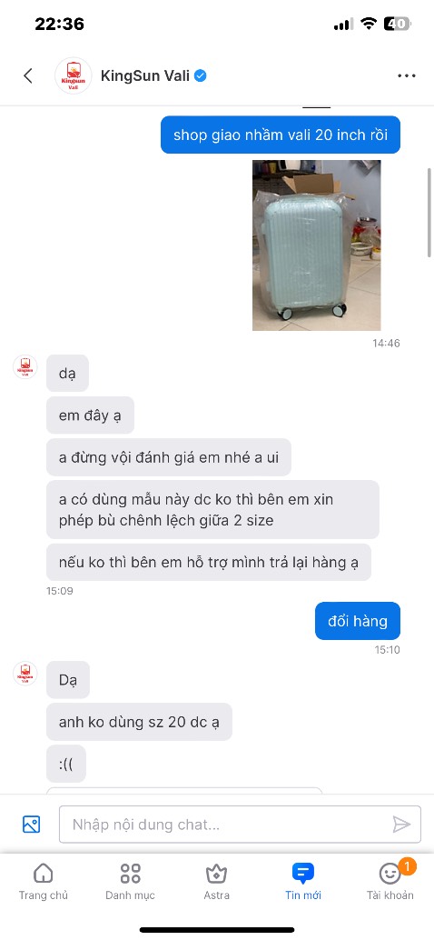 Giao lộn size, shop không nhiệt tình lắm, thờ ơ. Vali tốt chắc chắn.