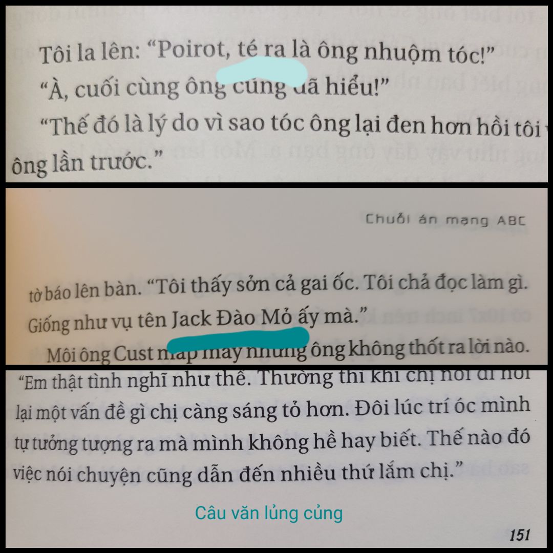 Về bản dịch: Rất nhiều lỗi chính tả, thiếu dấu chấm phẩy. Tên thuốc viết không nhất quán: lúc thì morphine, lúc thì moóc-phin. Jack Đồ Tể thì bị dịch thành Jack Đào Mỏ. Văn phong đôi lúc quá casual, không trau chuốt, không phù hợp với một tác phẩm thời của AC.

Về nội dung: Sử dụng 2 POV tuy có khác so với các tác phẩm khác nhưng ABC vẫn mang lối kể truyện fairplay điển hình của Agatha: Để độc giả cùng nắm được mọi chi tiết vụ án, thậm chí phơi bày gợi ý ra trước mắt người đọc, nhưng không phân tích và suy luận điểm nào cho đến cuối truyện. Đây là điểm khác biệt tạo nên thương hiệu trinh thám AC so với Doyles. Mạch truyện không quá giật gân nhưng cái kết thì thỏa mãn hơn một vài tác phẩm khác của bà.