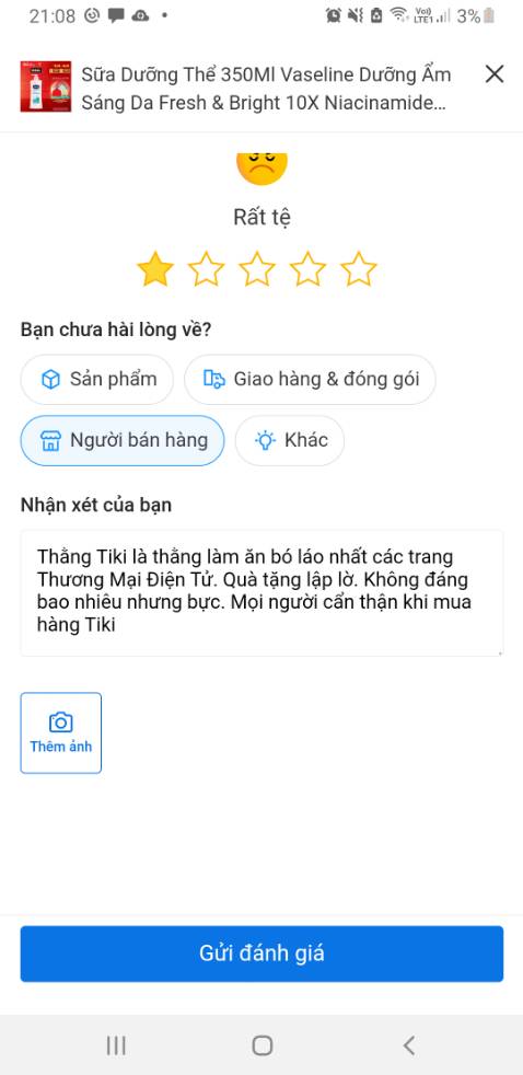 Thằng Tiki là thằng làm ăn bó *** nhất các trang Thương Mại Điện Tử. Quà tặng lập lờ. Không đáng bao nhiêu nhưng bực. Mọi người cẩn thận khi mua hàng Tiki