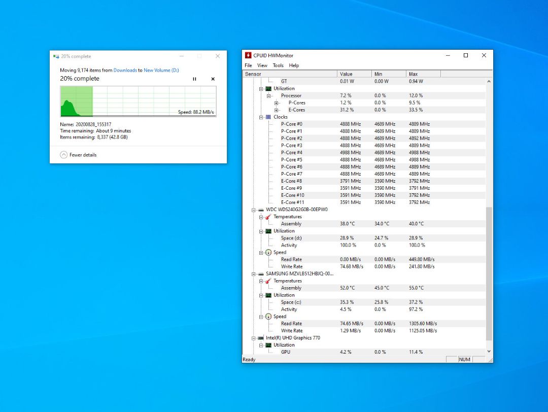 xài ngon nha mọi người. ổ D là wd green. còn download là ổ Samsung. mìng copy qua lại thử để xem tốc độ và nhiệt độ. File hình gần 50gb 10 ngàn tấm. xài ngon nha mọi người. ổ D là wd green. còn download là ổ Samsung. mìng copy qua lại thử để xem tốc độ và nhiệt độ. File hình gần 50gb 10 ngàn tấm.