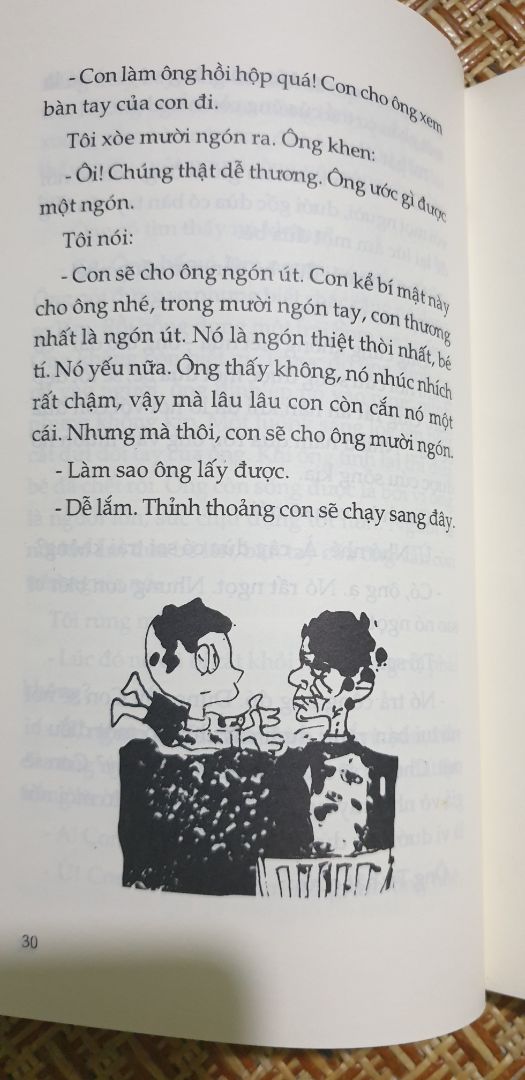 Có thể gọi đây là quyển truyện tuổi thơ của mình. Đọc lần đầu hồi c2 c3 gì ấy, bây giờ gần 30t lại mở sách ra lần nữa. 
Sách của NXB Trẻ thì chất lượng không có gì để bàn rồi, giấy đẹp, đọc ko hề chói mắt. Mình chỉ thấy lạ quyển này ko có bookmark đi kèm vì phần lớn sách Trẻ mình mua đều có.
Duy nhất 1 điều mình không ấn tượng ở sách là tranh minh họa. Mình hiểu họa sĩ vẽ với phong cách ngây thơ hồn nhiên như cậu bé trong truyện, nhưng nhiều bức khá trừu tượng và còn gây cảm giác hơi sợ.