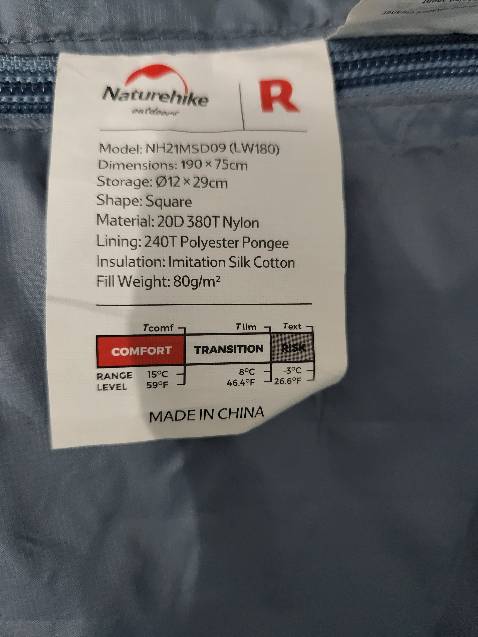 Nhỏ, gọn, nhẹ đúng như kỳ vọng. Kích thương gần giống quảng cáo: 180x70cm - 27x14cm khi cho vào túi. Túi này sẽ hơi chật hơn so mới túi M180. Thích hợp với nhiệt độ từ 20℃ trở lên (15℃ chắc chắn phải đắp thêm chăn). Túi có chữ R là khóa bên phải người nằm, tuy nhiên túi này 0 có mũ trùm nên lật lại là có khóa bên trái. Thêm nữa là có vẻ chỉ giặt tay được thôi.