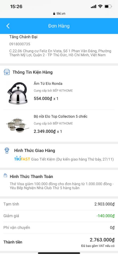 Tôi mua hàng của Tiki từ nhiều năm nay, nhưng đây là lần đầu tôi gặp tình trạng như thế này. Đơn mua hàng(1 bộ nồi Elo và 1 ấm từ Elo như trên, nhưng hàng được thì chỉ 1 cái nồi Faster, cảm giác mua đồ trên Tiki.vn cũng bị ***. Đơn hàng ~2.7tr đã thanh toán cho Tiki rồi. Đề nghị Tiki.vn giải quyết giúp tôi.
