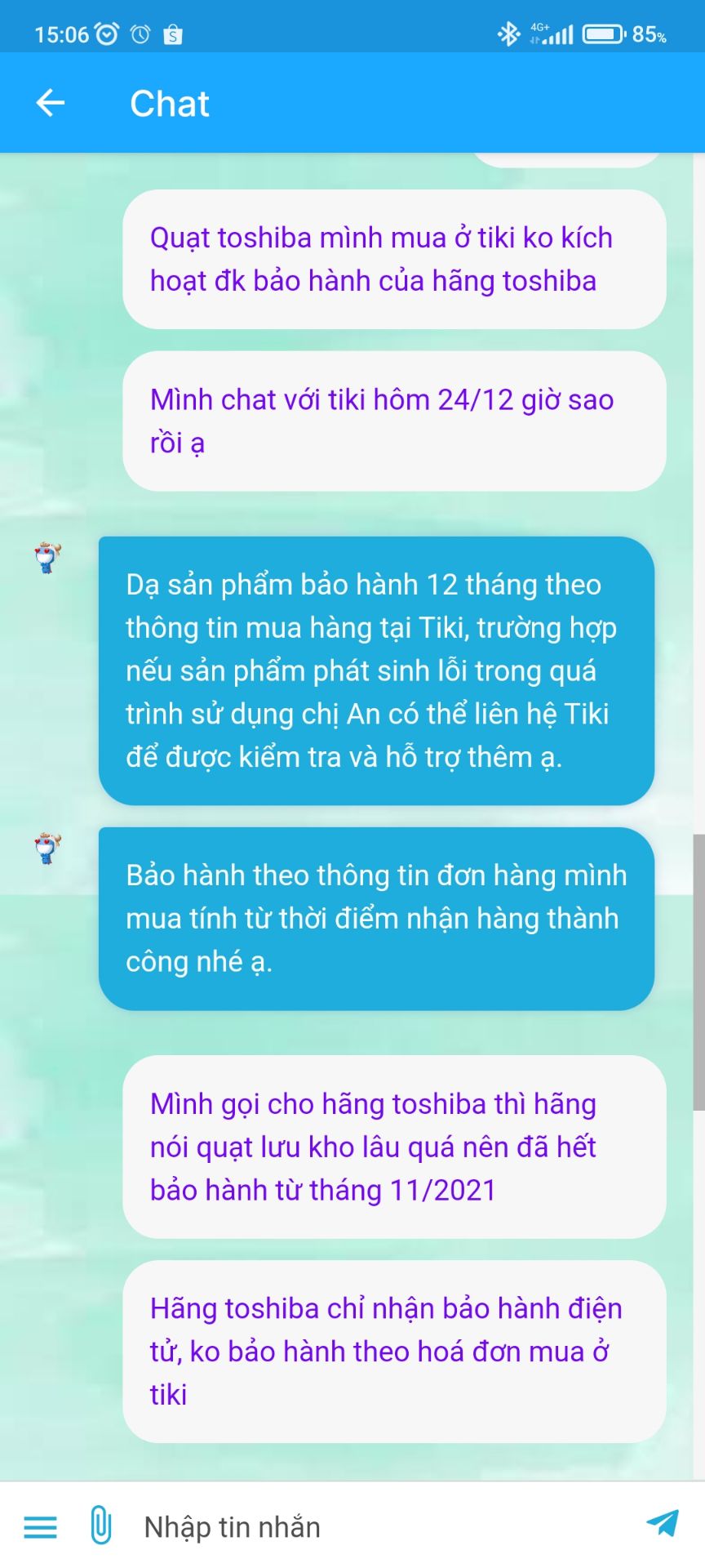 Tôi mua quạt Toshiba F-LSD10 ở Tiki ngày 15/12/2021. Tiki nói quạt Toshiba F-LSD10 được bảo hành 12 tháng theo hoá đơn mua hàng ở Tiki. Tuy nhiên, khi tôi liên hệ với hãng Toshiba để kích hoạt bảo hành điện tử thì được biết chiếc quạt đó đã hết bảo hành từ tháng 11 năm 2021. 
Hãng Toshiba hướng dẫn tôi liên hệ lại với Tiki để giải quyết việc bảo hành chiếc quạt này. HÃNG TOSHIBA CHỈ BẢO HÀNH SẢN PHẨM ĐÃ ĐƯỢC KÍCH HOẠT BẢO HÀNH ĐIỆN TỬ, KHÔNG BẢO HÀNH THEO HOÁ MUA HÀNG Ở TIKI.
Tôi đã liên hệ nhiều lần với Tiki nhưng bên Tiki chỉ hứa giải quyết. Sắp hết hạn kích hoạt bảo hành điện tử mà bên Tiki vẫn không có động thái gì. 
Như vậy, quạt Toshiba F-LSD10 chính hãng được bán bởi Tiki Trading được bảo hành ở đâu?