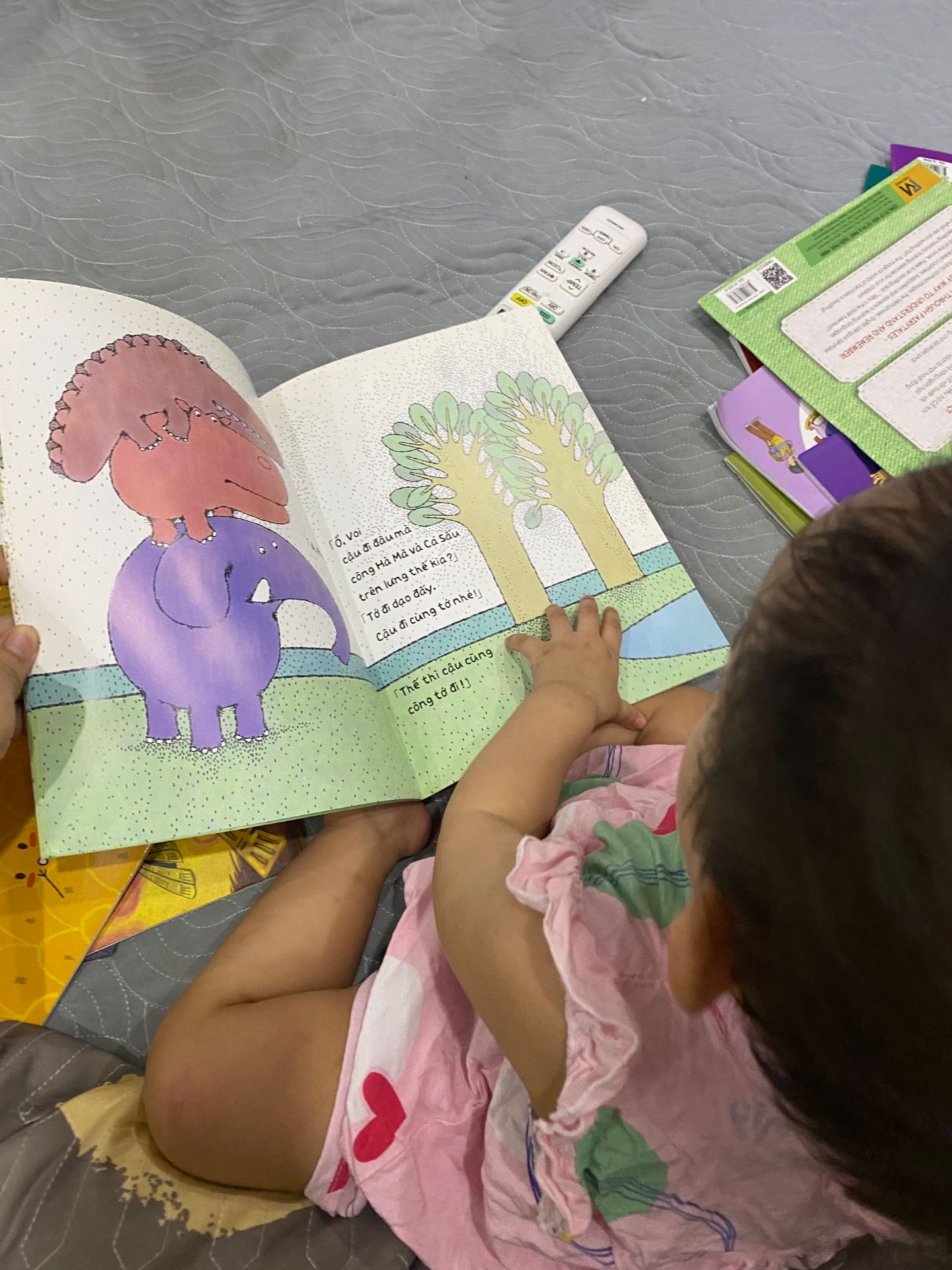 con mình 1 tuổi rất thích ehon. hàng ngày mẹ dành 15-30ph đọc sách cho con nên con rất chăm chú và thích sách