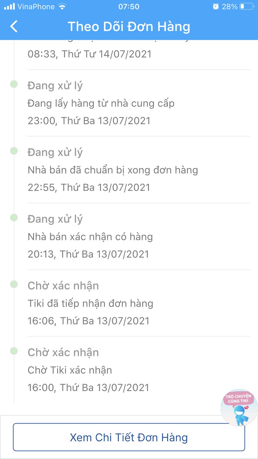 Giờ TIKI làm ăn không ra gì, tôi có 2 đơn hàng (hàng cần thiết) đã thanh toán,hẹn 26/7/21 giao mà đến nay 23/8/21 (TP cấm người dân ra đường) vẫn chưa giao, mà không một lời giải thích lý do