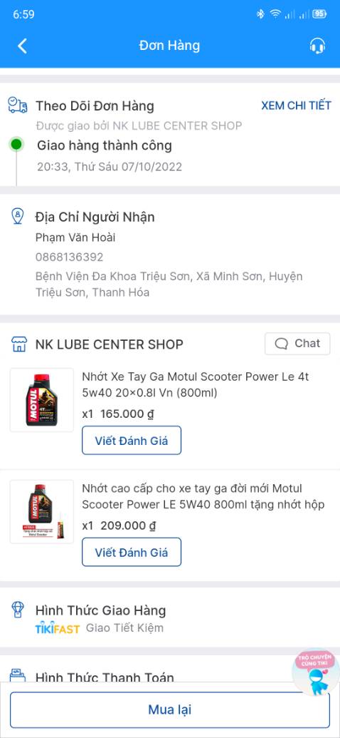 Mình đặt 2 sản phẩm Motul Scooter Power Lee 5w40 mà shop giao nhầm cho 1 chai 10w40 hình như là dầu khoáng, mình k rõ lắm, thành phần là dầu gốc và phụ gia, mình k rõ shop nhầm hay không. Mình chat thì k nhận lại được phản hồi gì cả. Hy vọng đó là sự nhầm lẫn, chứ k phải cố ý