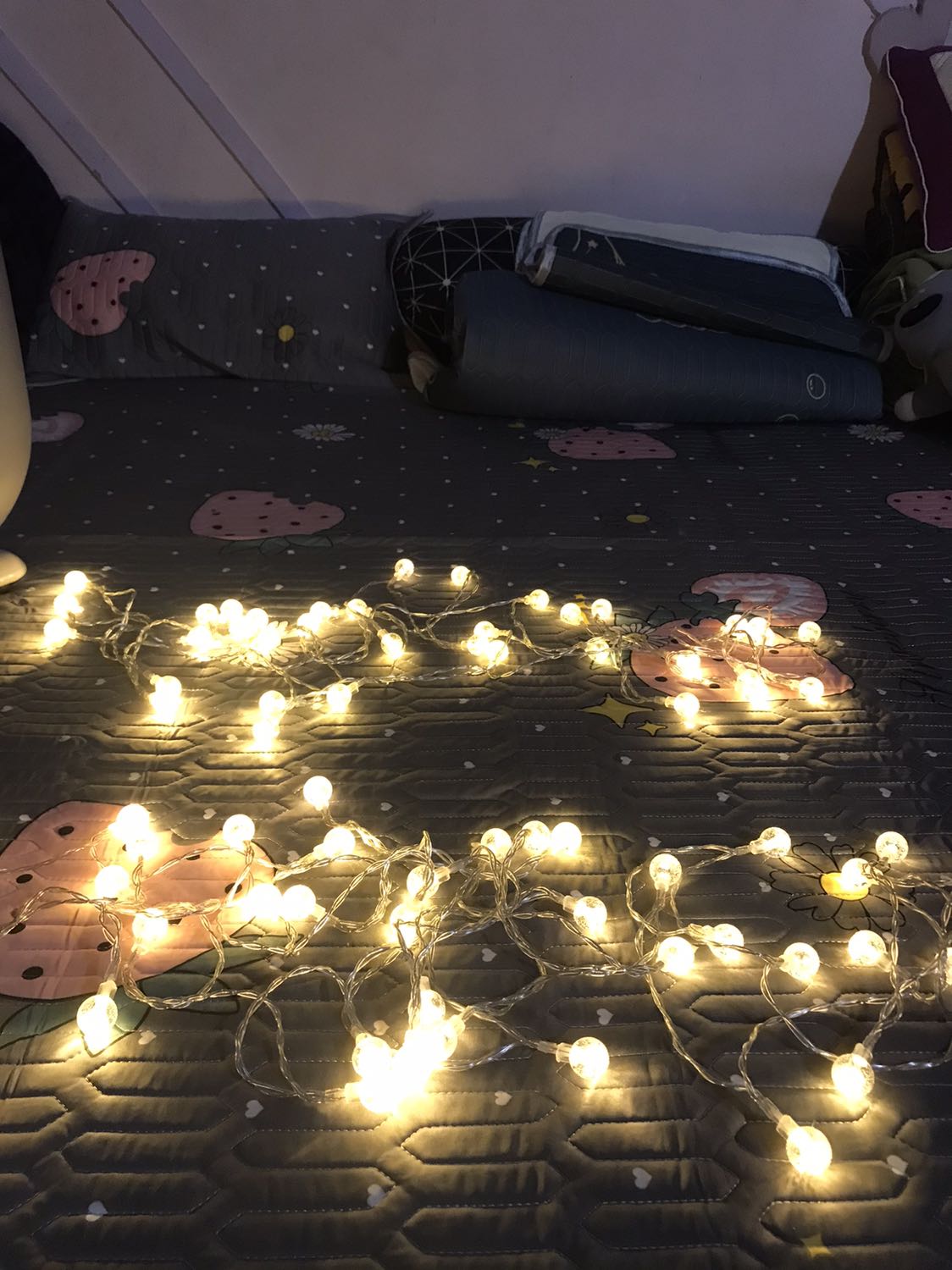 Bóng ở ngoài bé xíu như viên bi thôi. 
Mình đặt loại dây 6m mà ngắn tủn.
Tổng hai dây đây