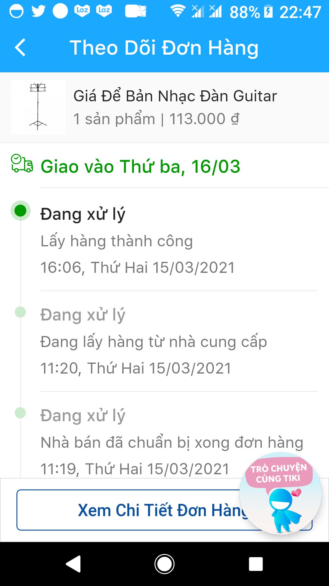 Tôi đặt cùng lúc 2 sản phẩm : micro và giá để tập nhạc .
tổng số tiền tôi phải thanh toàn khi nhận 2 sản phẩm trên là 113.000đ
Tại sao TiKi tách ra sản phẩm nào tôi cũng phải thanh toán 113.000đ.
Ngày thứ chai ,tôi đã nhận micro và đã thanh toán 113.000đ.
Hôm nay, có thông báo tôi phải chuẩn bị 113.000đ để nhận giá để tập nhạc. 
Có nhầm lẫn hay sai sót gì ở đây ????