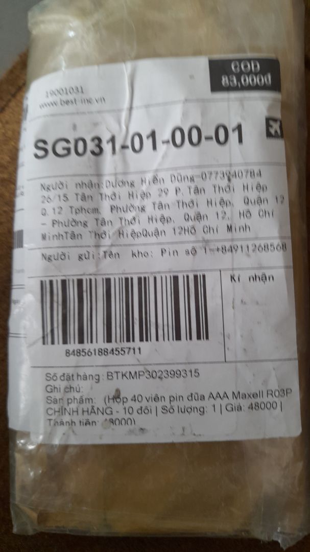 tôi đăng ký mua hộp pin đũa 40 viên giá cả ship 83k...nhưng khi nhận không có hộp chỉ đóng bao sơ sài và chỉ có 20 viên , vậy là sao hả shop , tôi chưa đánh giá được, chờ ý kiến , bước đầu tôi chỉ cho 2 sao....số tiền tôi tt cho nhân viên là 83k